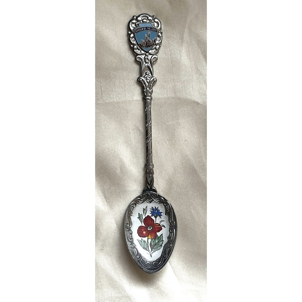 Garden of The Gods Silver Tone Painted Flower Collectible Souvenir Spoon‎